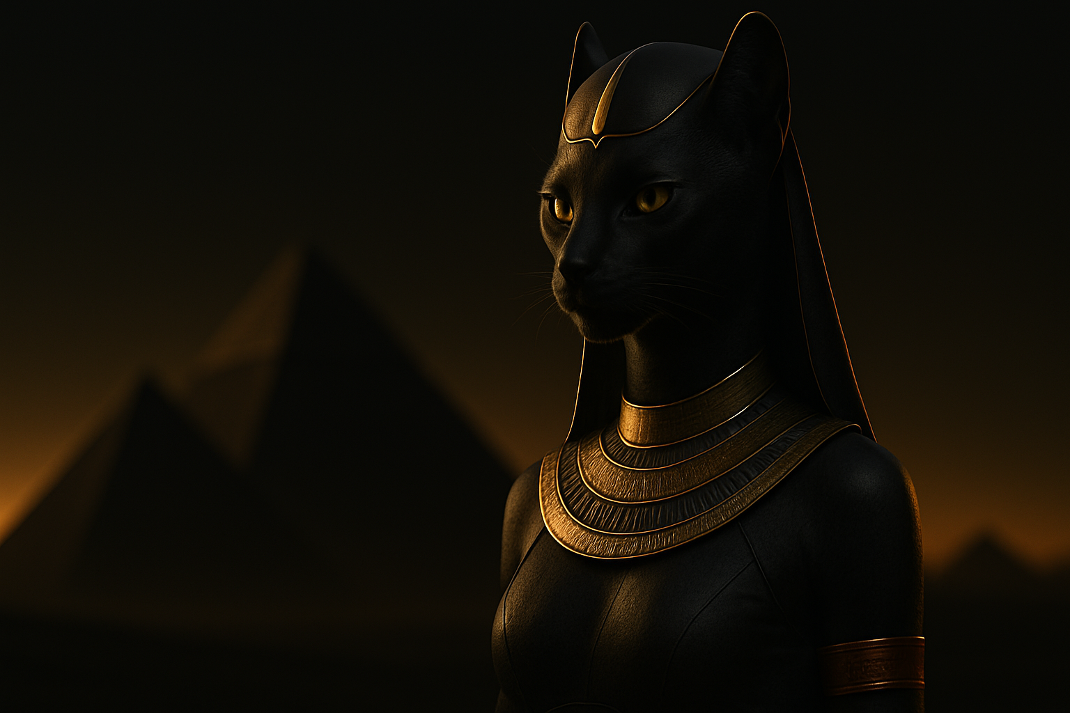 Bastet-inspired figure with pyramids