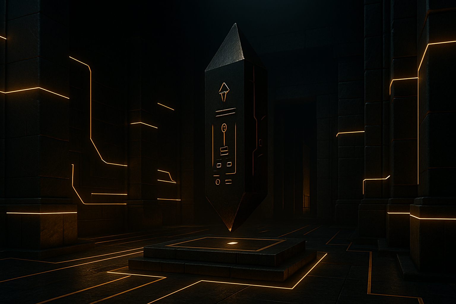 Temple interior with luminous monolith