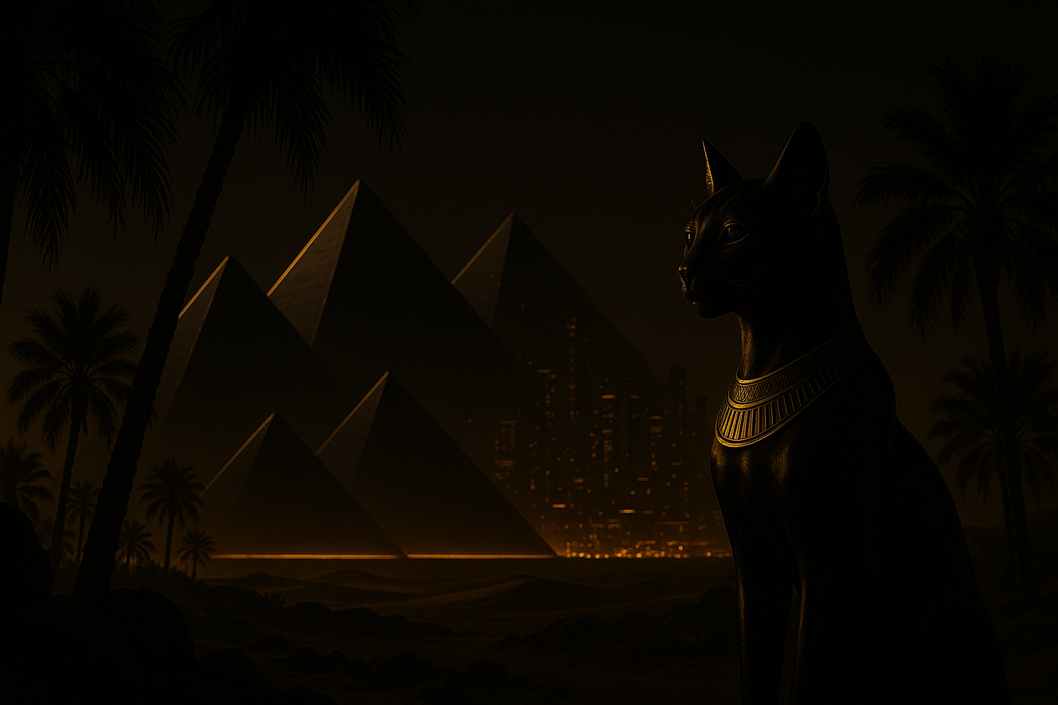 Bastet statue with pyramids and city